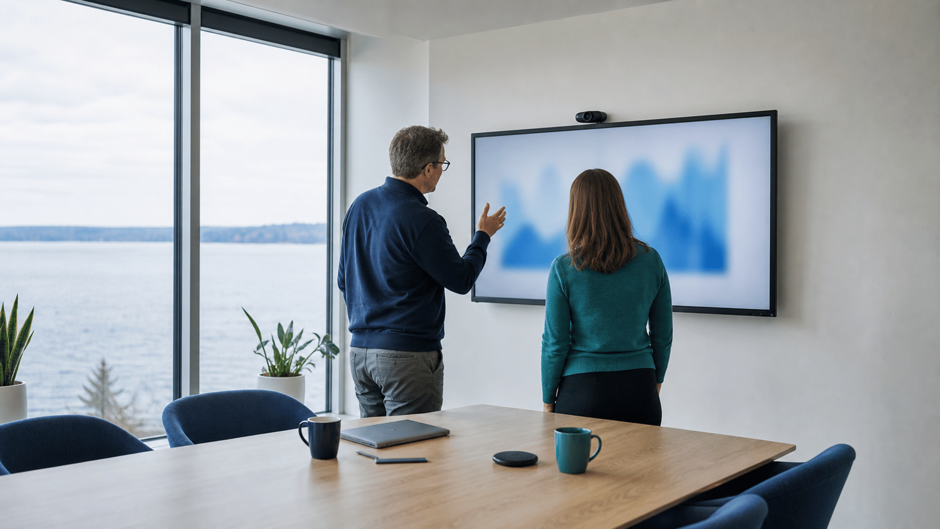 Two colleagues reviewing information on a wall-mounted display in a bright meeting room